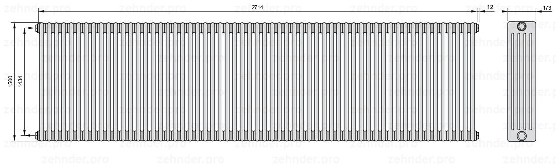 Схема (чертеж) Радиатор Zehnder Charleston 5150/59 №1270 Белый глянцевый RAL 9016